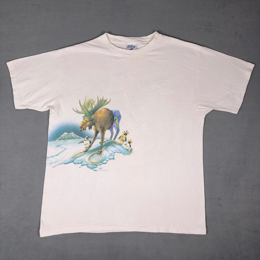 Vintage 92 Caribbean Soul Moose Penguin Oasis Cafe Art T-Shirt XL White Mazzotta